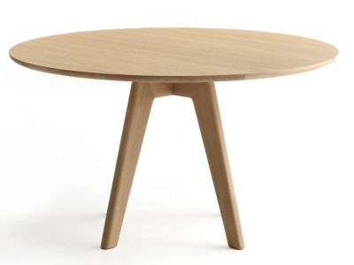 Mathilda Tisch: Runder Esstisch aus hellem Holz mit drei Beinen. Moderner Holztisch.